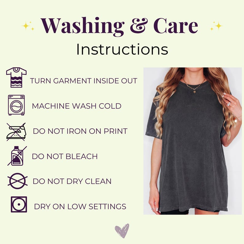 May include: Image shows washing and care instructions for a dark gray t-shirt. Instructions include turning the garment inside out, machine washing cold, and avoiding ironing on the print, bleach, and dry cleaning. The shirt is visible in the image.