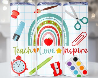 Teach, Love Inspire Teacher Tumbler, 20oz Tumbler, Tumbler Cup with Straw & Lid, Teaching Gift, Coffee, Occupation, Appreciation Gift