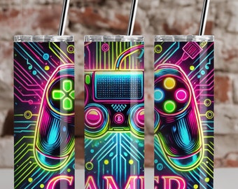 Neon Gamer, Pop Culture, 20oz Tumbler, Tumbler Cup with Straw & Lid, Trendy Gift, Coffee