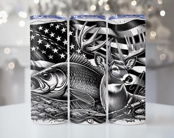 Black and White Fishing and Deer Hunting Tumbler, Sports, Hobby, 20oz Tumbler, Tumbler Cup with Straw & Lid, Trendy Gift, Coffee