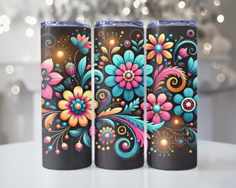 Blue, Pink and Gold Daisy, Floral, 20oz Tumbler, Tumbler Cup with Straw & Lid, Cute Gift, Coffee