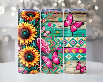 Sunflower and Butterflies, Floral, 20oz Tumbler, Tumbler Cup with Straw & Lid, Cute Gift, Coffee