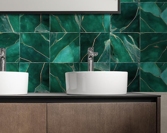 Adhesive kitchen splashback in green marble-effect vinyl, 200 x 40 cm, connectable design