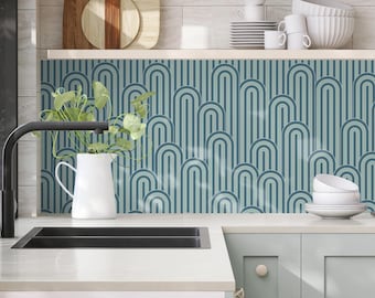 Adhesive vinyl kitchen splashback with blue and green ARCHES pattern, 200 x 40 cm, connectable design