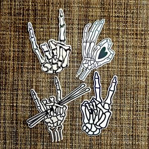Calcomanías para autos con forma de mano de esqueleto, calcomanías, calcomanías impermeables, calcomanías para vasos, calcomanías para autos, calcomanías para álbumes de recortes, rock on, baquetas, símbolo de la paz