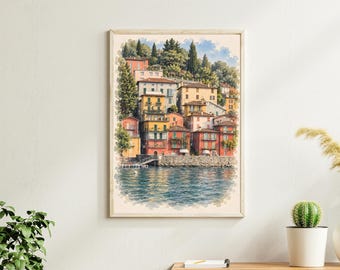 Aquarelle du lac de Côme, paysage de village italien, art de voyage européen (téléchargement numérique)