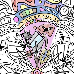 Puede incluir: Ilustración abstracta con un diseño central de espadas, escudos y mazas. La obra de arte incorpora una variedad de formas y colores, incluyendo rosa, azul y amarillo, con un contorno negro. El tema general sugiere un concepto de fantasía o medieval.