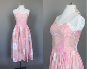 Vintage Summer Dress 80s 1980s Tropical Floral Sun Dress Strapless Cotton Pink Full Skirt Rockabilly S Small