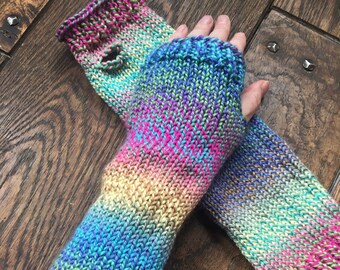 Multicolor Knit Fingerless Gloves, hand made arm warmers winter accessory