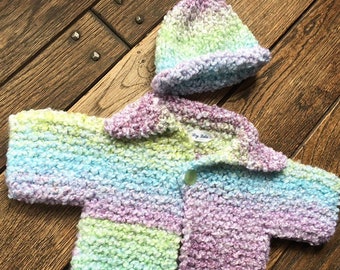 Newborn Baby Girl Outfit Ombre Green, Purple and Blue baby hat and sweater gift for baby shower, Hand Made baby gift baby girl