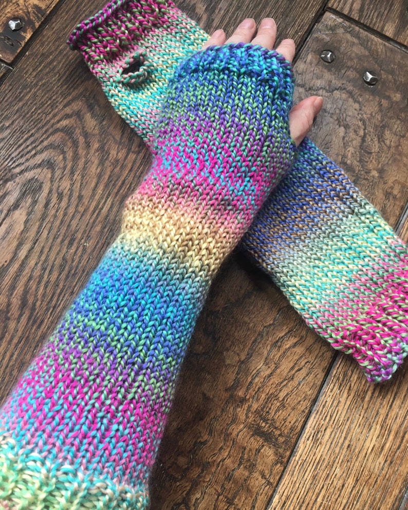 Multicolor Knit Fingerless Gloves, hand made arm warmers winter accessory image 1