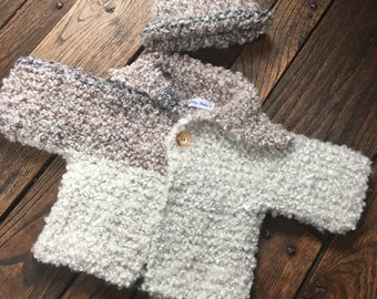 Baby boy hand knit 6 month Sweater and hat Light Brown and Cream and Grey Sweater Ready to ship Baby shower gift for boy