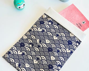Blue handmade Japanese Cat Book Sleeve, Gift for Book Lovers