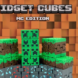 May include: A set of Minecraft-themed fidget cubes. The cubes are made of soft, textured plastic and feature different designs inspired by the popular video game. The set includes a green creeper cube, a brown dirt cube, and a gray stone cube.