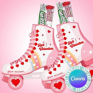 Roll Ups Rollschuh Valentinstag druckbare Karten | Kids Class Valentines & Skating Party Mitbringsel | Sofortiger Download Canva Vorlage