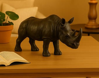 Handcrafted Artisan Rhino Sculpture - Leather or Wood Rhinoceros Statue Desk Decor - Glass Eyes Animal Statue with Multi‑size Options