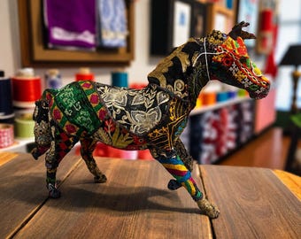 Vintage Embroidered Fabric Horse Figurine – Rajasthani Folk Art Sculpture