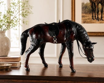 Handcrafted Black Leather Horse Sculpture, Equestrian Decor, Artisan Gift