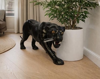 Leather Wrapped Black Panther Statue, Artisan Safari Decor