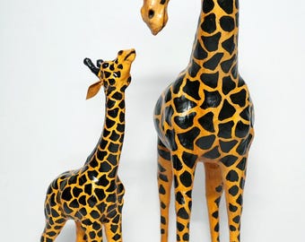Handcrafted Wooden Mother & Baby Giraffe Sculpture, Safari Decor