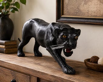 Leather Wrapped Black Panther Statue, Artisan Safari Decor