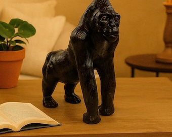 Handcrafted Black Leather Gorilla Sculpture, Safari Decor (12/18/24 Inch)