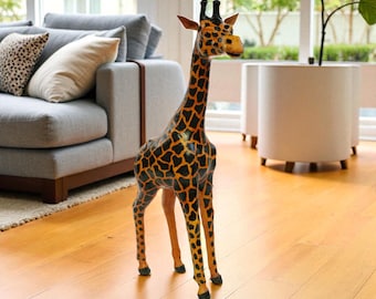 Handcrafted Leather Giraffe Sculpture: Indian Artisan Safari Decor