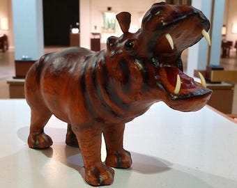 Handcrafted Leather Hippopotamus Sculpture – Safari Decor, Wildlife Figurine