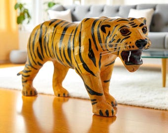 Vintage Leather Tiger Statue, Wildlife Figurine, Jungle Safari Decor, Hand‑painted Sculpture Living room Decorative Figure– Multi‑size Opt.