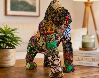 Embroidered Fabric Gorilla Figurine, Indian Handicraft, Boho Home Decor