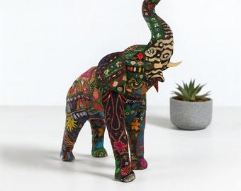 Handcrafted Leather Elephant Sculpture: Colorful Indian Artisan Decor