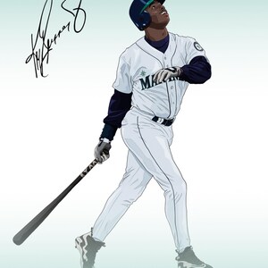 May include: A baseball player in a white uniform with a green and blue logo, swings a bat. The player is wearing a green and blue baseball cap and is looking up. The text "THE NATURAL" is written in green and blue at the bottom of the image.