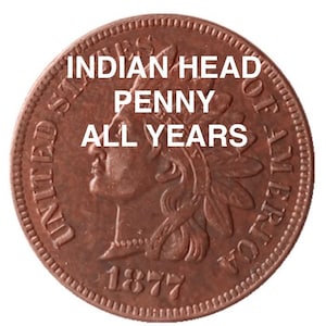 May include: A copper-colored Indian Head penny with the text "UNITED STATES OF AMERICA" and "1877" visible. The text "INDIAN HEAD PENNY ALL YEARS" is superimposed on the image.