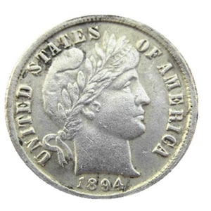 May include: Silver United States of America dime coin with the year 1894 inscribed on the bottom. The coin features a portrait of Liberty with a wreath of leaves on her head.