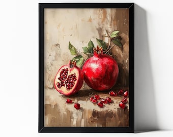 May include: A painting of a still life featuring two pomegranates, one whole and one cut open, with red seeds visible. The pomegranates are on a brown background with green leaves.