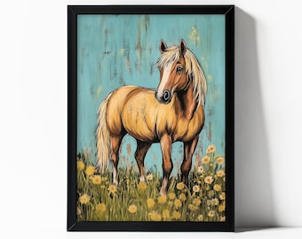 May include: A painting of a light brown horse standing in a field of yellow flowers. The horse is looking to the left of the image. The background is a light blue color with a distressed texture.