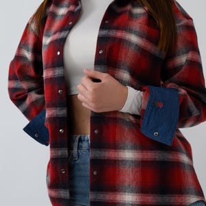 Oversized Red Plaid Flannel Shirt with Denim Collar and Cuffs – Handmade for Effortless Style