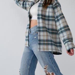 100% Wool Plaid Shacket with Original Denim Accents – Fall Flannel Shirt Jacket, Plaid Button Down Shirt Jacket