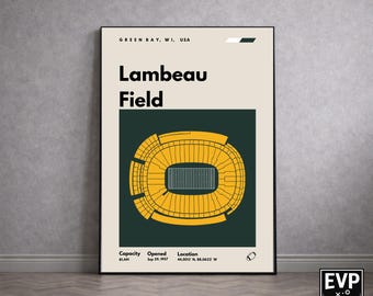 Green Bay Packers Poster, Lambeau Field Stadium Print, Mid Century Modern Football Poster, Sports Bedroom Art, Minimalist Office Wall Art