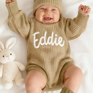 Hand-Embroidered Baby Romper: Personalized Knit Homecoming Outfit, newborn baby gift