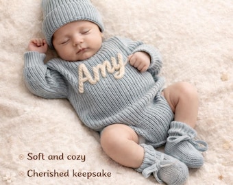 Hand-Embroidered Baby Romper: Personalized Knit Homecoming Outfit, newborn baby gift