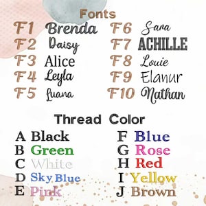 May include: A chart displaying ten font styles labeled F1 through F10, each with a sample name like Brenda, Daisy, Alice, Leyla, Luana, Sara, Achille, Louie, Elanur, and Nathan. Below, a thread color chart lists A through J with colors.