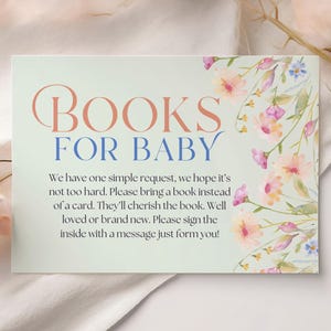 Livros personalizados Baby in Bloom para jogos de bebê, festa de flores silvestres personalizada, modelo de arquivo Canva com notas florais caprichosas para impressão, cartão editável