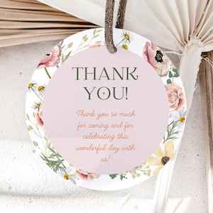 Wildflower Baby in Bloom Thank You Round Favor Tag Editable Floral Printable Canva Custom Baby Shower Personalized Circle Template Label