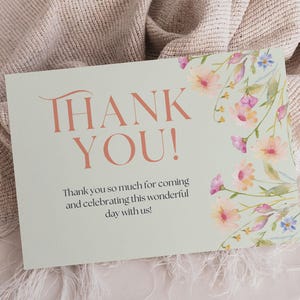 Cartão de agradecimento personalizado para festa de aniversário com tema floral, decoração para chá de bebê, modelo editável do Canva