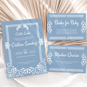 Ensemble imprimable bleu Cielito Lindo baby shower mexicain, lot de faire-part de grossesse Papel Picado Talavera, modèle de toile éditable