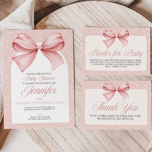 Pacote de convites para chá de bebê com laço rosa, decoração para festa de bebê com granulados, modelo editável Canva, cartão de jogos de revelação de gênero personalizado para impressão
