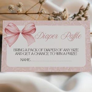 Carte de tombola avec noeud rose, jeux de baby shower imprimables, demande de note, modèle de toile modifiable pour bébé, décoration de fête pour bébé