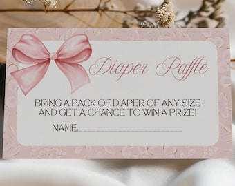 Rosa Thema Bogen Windel Verlosung Karte Druckbare Baby-Dusche-Spiele Anfrage Notiz Insert Ticket Bearbeitbare Canva Vorlage Baby Sprinkle Party Decor