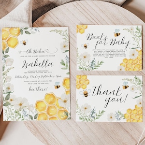 Kit de chá de bebê de abelhas para impressão, conjunto de decoração de festa em formato de favo de mel personalizado, modelo editável do Canva, kit de convite de mamãe para abelha